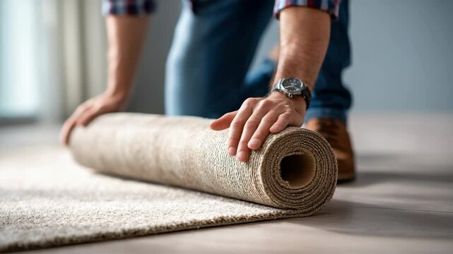 Man rolling out beige carpet on wooden flooring, close up of hands, home renovation and installation process, modern interior, focus on wood texture and detail, comfortable atmosphere