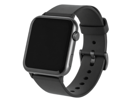 wrist smart watch mockup with black strap, png file of isolated cutout object with shadow on transparent background