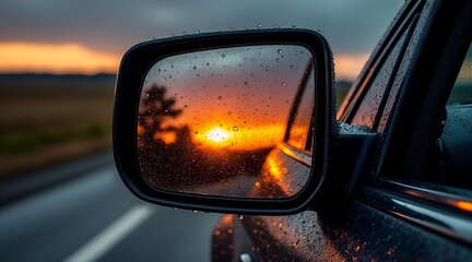 Sunset reflected in a rain covered car mirror