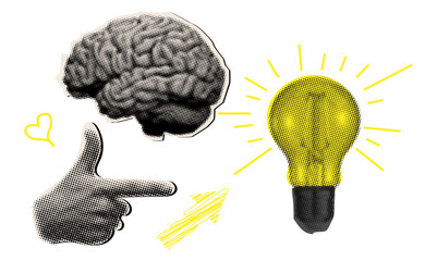 Halftone trendy collage with light bulb, hand, arrow, brain, smart thinking concept, brainstorm,cut out elements