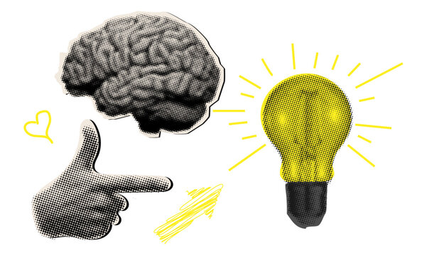Halftone trendy collage with light bulb, hand, arrow, brain, smart thinking concept, brainstorm,cut out elements