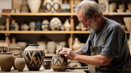 An artisan meticulously paints intricate designs on ceramic pots in a pottery studio filled with various clay creations.