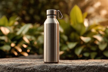 Water Bottle Mockup Placed On A Textured Outdoor Rock, With Greenery And Blurred Leaves In The Background. The Bottle Has No Text, Prints, Or Logos. Lighting Is Natural, Show