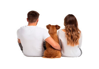 Happy couple with dog sitting together, view from behind, concept of companionship and friendship on transparent background, PNG