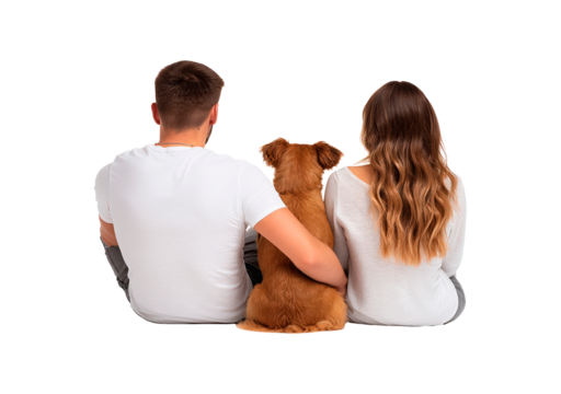 Happy couple with dog sitting together, view from behind, concept of companionship and friendship on transparent background, PNG