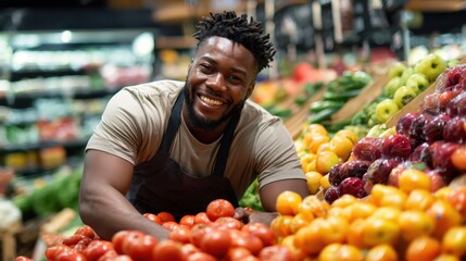 A smiling man stands proud in his grocery store, showcasing an array of vibrant fruits and vegetables, embodying freshness and the joy of healthy eating in a lively marketplace.