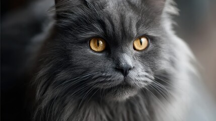 An intimate close-up capturing the striking features of a majestic grey cat, showcasing its captivating golden eyes and lush fur texture.