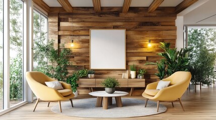 Spacious and Serene Living Room Featuring a Blank Poster for Custom Art and Modern Decor Elements