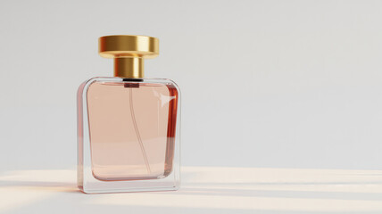 Luxury perfume bottle with pale pink fragrance and gold cap on white background with minimalist composition

