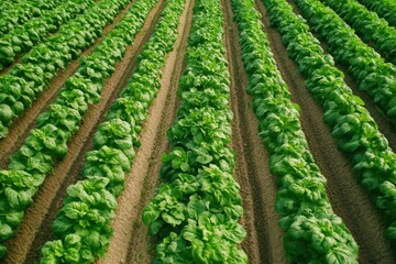 Lush Row of Green Lettuce in Farm: A vibrant view of the orderly arrangement of lettuce crops flourishing in a farm field, showcasing agricultural practices and the beauty of plant life.