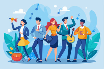 Fototapeta premium A flat vector illustration of five business people holding large golden stars, symbolizing teamwork, customer satisfaction, five-star ratings, and positive reviews.