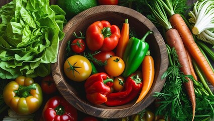  Assorted Fresh Vegetables in Rustic Wooden Bowl