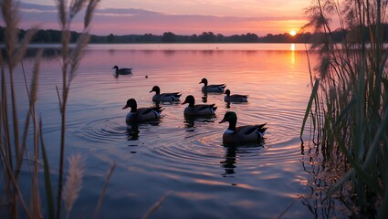 Ducks Swimming Peacefully on Lake During Scenic Sunset Light