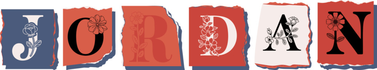 JORDAN Floral Typography of a Country Name � Elegant Torn Paper Letter Design