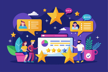 Obraz premium A flat vector illustration of five business people holding large golden stars, symbolizing teamwork, customer satisfaction, five-star ratings, and positive reviews.