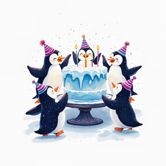 Birthday party with cute penguins and cake, festive cartoon illustration