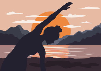 Athletic woman doing doing side bends early outdoors by lake with mountains and sunset. Sport active lifestyle for health. © Itana