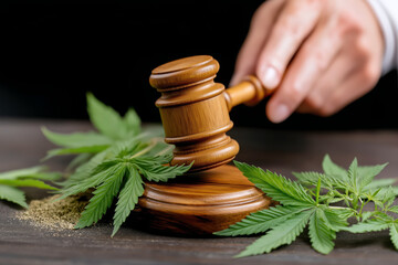 judge's gavel in the male hand and marijuana leaves in the courtroom. Concept of legalizing and decriminalizing weed and drugs