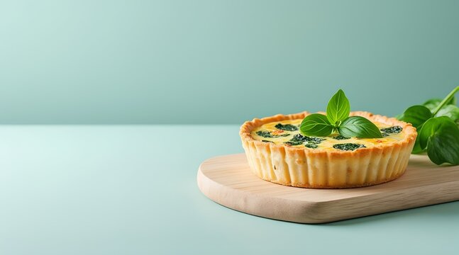Delicious spinach and cheese quiche tart on wooden board
