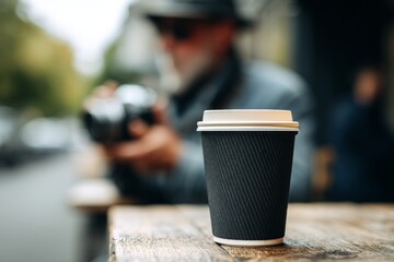 A close-up of an unbranded black paper coffee cup