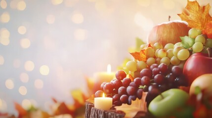 Naklejka premium Harvest Bounty: An array of autumnal elements, including apples, grapes, and candles, is arranged in a warm, inviting tableau, evoking a sense of abundance and gratitude.