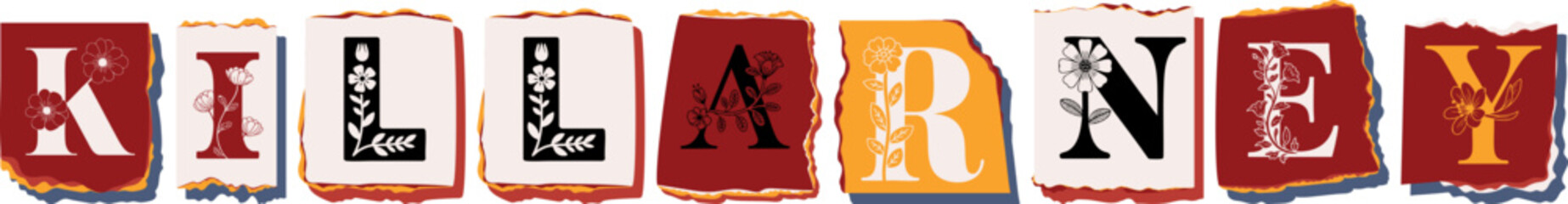 KILLARNEY Floral Typography of a Travel Destination � Elegant Torn Paper Letter Design