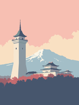 Korea, North - Juche Tower, Kumsusan Palace, Mount Paektu in tower grey, palace cream, mountain white, and sky pink