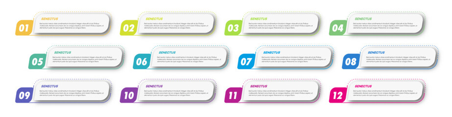 Bullet points numbers from 1 to 12 list markers vector set trendy style colorful trendy typography vector