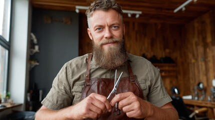 A friendly barber stands confidently in his modern salon, holding scissors in one hand, showcasing a welcoming atmosphere for customers, with stylish decor in the background.