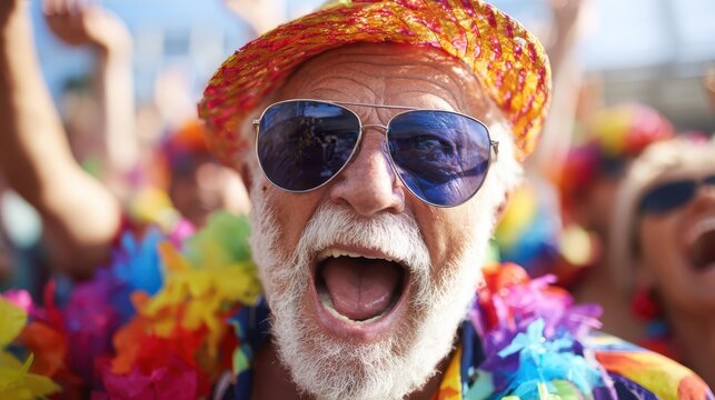An exuberant elderly man with a vibrant hat and sunglasses shouts joyfully amidst a crowd, embodying the spirit of celebration and communal joy at a lively event.