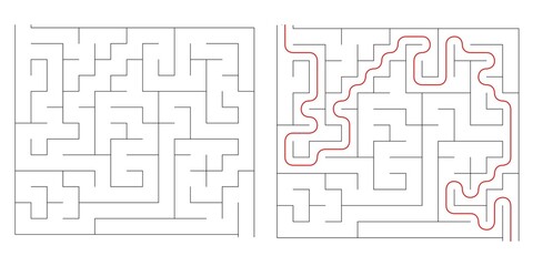Find right way puzzle game with the solution. education logic game for kids. labyrinth maze game. simple logic game. puzzle for children