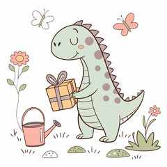 Delightful Peaceful Dinasour in a Spring garden scene with carrying a gift box – Spring Garden vector illustration