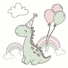 Playful Peaceful Dinasour design, styled with wearing a party hat and Soft Pastel shades in a Soft pastel setting