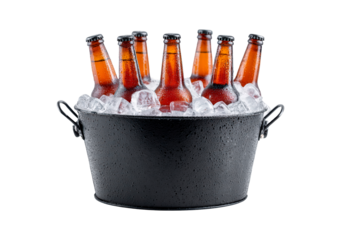 Refreshing chilled beers in ice bucket on transparent background, PNG