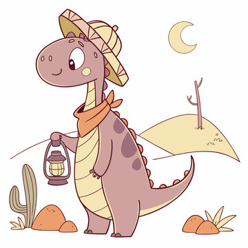 Naklejki Curious Dinasour with with a scarf, set in a charming Desert sunset theme – Sundown Glow color vector art