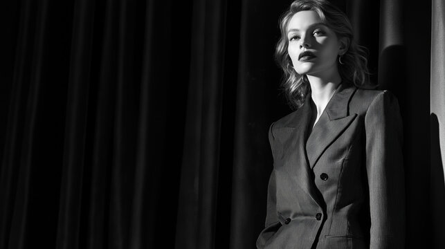 A polished, market-friendly photograph elegant monochrome style: model posing in black blazer and it20 risk.5rv coat, accessorized with a keyboard - behind-the-scenes snapshot from a photoshoot.