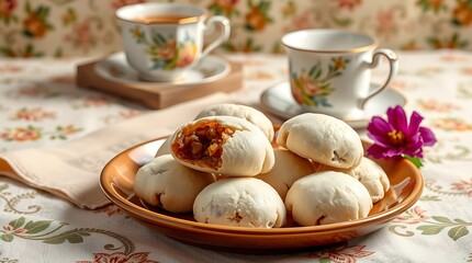 Date-stuffed cookies (ka&rsquo;ak) on linen tablecloth with antique teacups and traditional pattern background