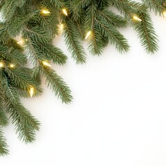 Obraz premium Festive Christmas Corner: Elegant evergreen branches adorned with glowing fairy lights cascade across the corner, creating a festive ambiance with their warm, inviting sparkle.