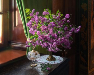 Still life with bouquet of pink roses 