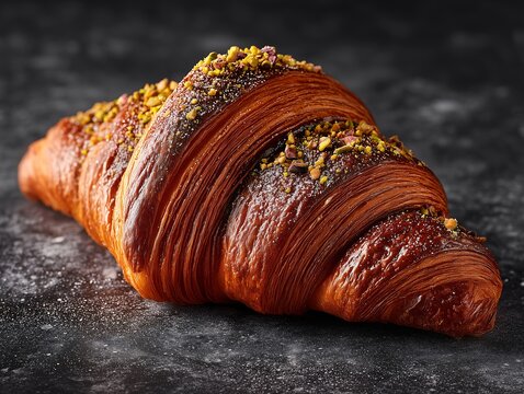 Croissant topped with pistachios, Baked golden pastry with nuts, Bakery item for breakfast or brunch