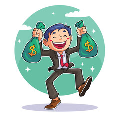 Excited Man Jumping With Money Bags