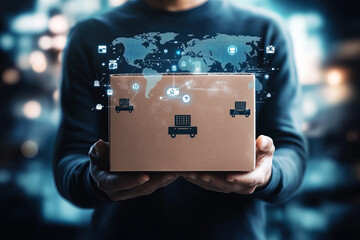 Person holds cardboard package displaying global shipping network overlay technology visualization.