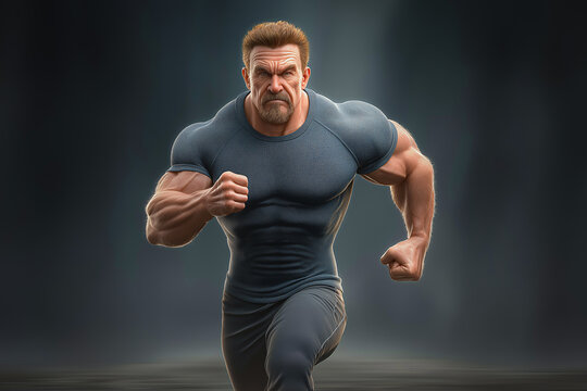 Muscular Man Running: A powerful, muscular man with a determined expression sprints forward, showcasing his strength and fitness.