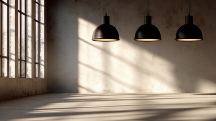 Minimalistic interior setting featuring sleek pendant lights casting beautiful shadows on textured walls, creating a contemporary atmosphere perfect for design lovers.