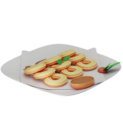 3D illustration of Kue Semprit, traditional cookies with a colorful design, served with a bowl of chocolate sauce on a plate.