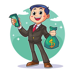 Cheerful Man Holding Cash and Bag