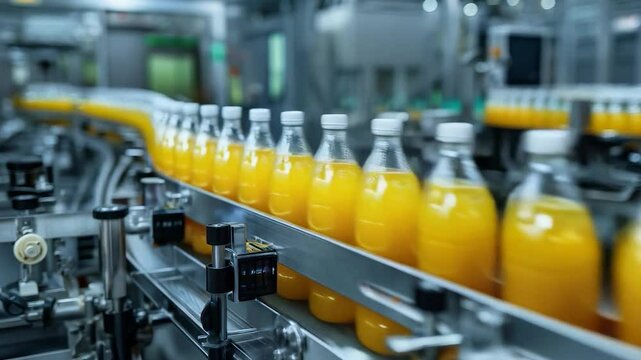 Orange Soft Drinks Moving Along Factory Conveyor