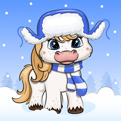 Cute cartoon white pony in scarf and blue hunter hat with ear flaps. Winter Vector illustartion of animal on blue background with snow.