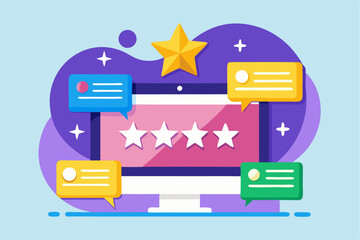 A flat vector illustration of five business people holding large golden stars, symbolizing teamwork, customer satisfaction, five-star ratings, and positive reviews.