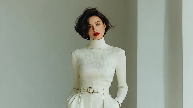 Elegant brunette woman posing in a stylish white turtleneck outfit against a plain background